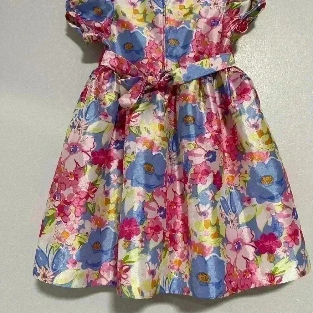 Ashley Ann Girls Floral Party Dress 4T Pink Blue Easter Spring Bow Waist Dress